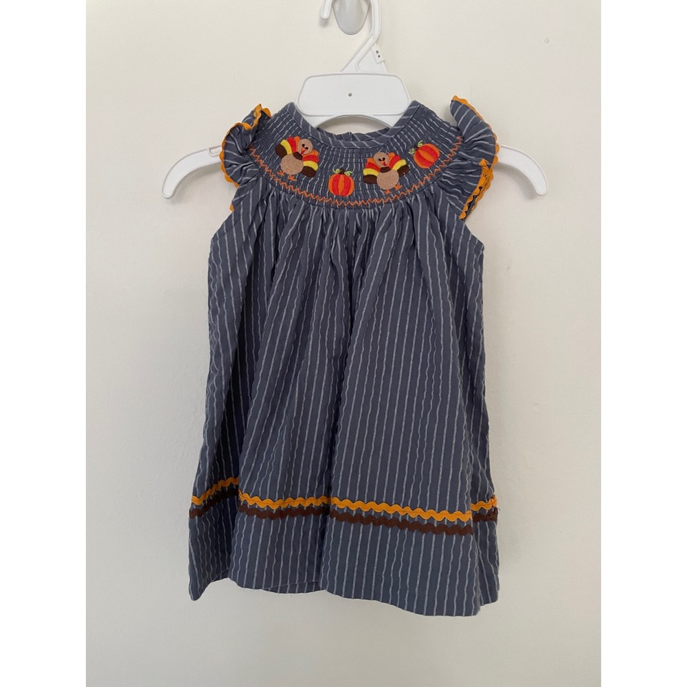 Thanksgiving Turkey Smocked Pinstripe Dress Blue White Orange Ric-Rac Cotton